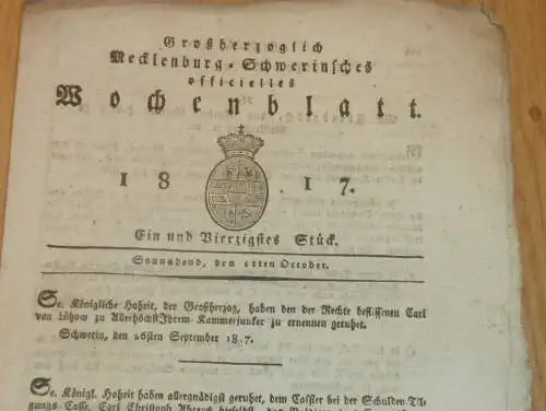 Mecklenburg - Schwerin 11.10.1817 , Kammerjunker Carl von Lützow , Horn-Viehseuche , Pocken , Schafe , Wolle !!!