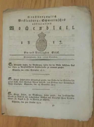 Mecklenburg - Schwerin 11.10.1817 , Kammerjunker Carl von Lützow , Horn-Viehseuche , Pocken , Schafe , Wolle !!!
