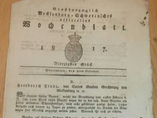 Mecklenburg - Schwerin 4.10.1817 Schornsteinfeger , Domschule Schwerin , Zollumgehung Peenebrücke und Eldenburg Hebammen