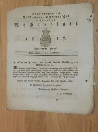 Mecklenburg - Schwerin 4.10.1817 Schornsteinfeger , Domschule Schwerin , Zollumgehung Peenebrücke und Eldenburg Hebammen