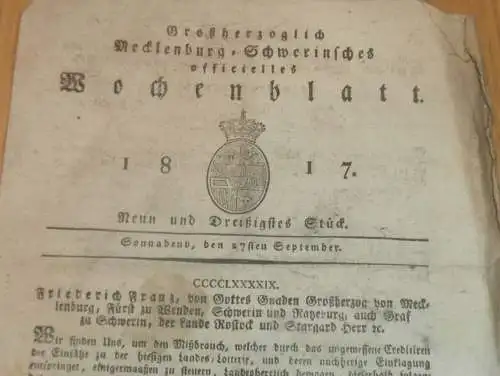 Mecklenburg - Schwerin 27.09.1817 , Mißbrauch der Landes-Lotterie , Grambow , Forst , Seebadanstalt Doberan  !!