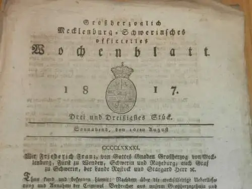 Mecklenburg - Schwerin 16.08.1817 , Criminal-Verbrecher , Groß Nieköhr , von Blücher - Groß Welzin !!