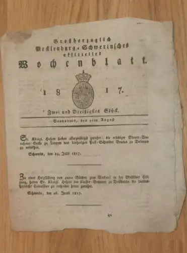 Mecklenburg - Schwerin 9.08.1817 , Teterow , Mestlin , Kloster Dobbertin , Holmangel in Domänen , Forst !!