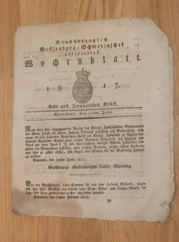 Mecklenburg - Schwerin 12.07.1817 , Stadt Zwolle , Baron von Brandenstein , Polizei - Verordnung , Friedrich Franz !!