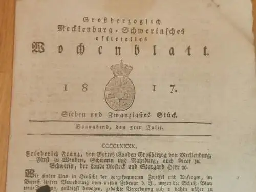 Mecklenburg - Schwerin 5.07.1817 , Landes-Receptur-Commission , Strafe für Gesinde , Friedrich Franz , von Plessen !!