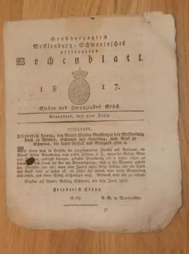 Mecklenburg - Schwerin 5.07.1817 , Landes-Receptur-Commission , Strafe für Gesinde , Friedrich Franz , von Plessen !!