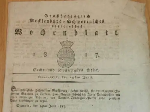 Mecklenburg - Schwerin 28.06.1817 , Carbow / Karbow , wandernde Hutmacher , Wucher und Aufkäuferei !!