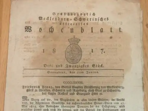 Mecklenburg - Schwerin 7.06.1817 , Steuer Edict , Rabiner Marens Lazarus Jasse , Hofbediente !!