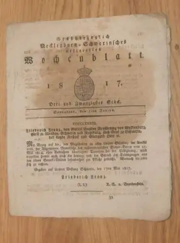 Mecklenburg - Schwerin 7.06.1817 , Steuer Edict , Rabiner Marens Lazarus Jasse , Hofbediente !!