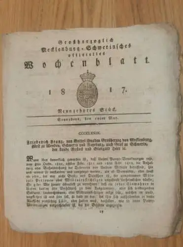 Mecklenburg - Schwerin 10.05.1817, Patent-Verordnung , Rügen , Vagabonden und Verbrecher , Zuchthaus , Schuld-Thurm !!!