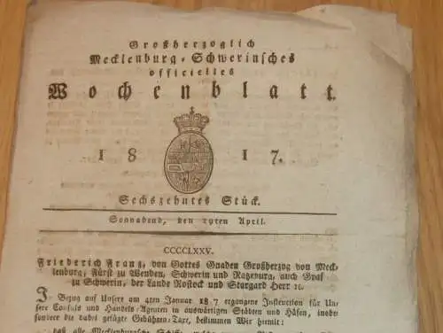 Mecklenburg - Schwerin 19.04.1817, Handel in Stadt und Häfen , Röbel , Baron auf Groß Gischow , Forst und Jagd , Bauern