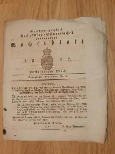 Mecklenburg - Schwerin 19.04.1817, Handel in Stadt und Häfen , Röbel , Baron auf Groß Gischow , Forst und Jagd , Bauern