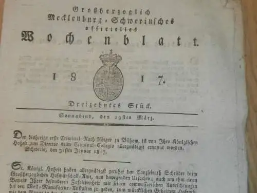 Mecklenburg - Schwerin 29.03.1817 , Criminal Rath zu Bützow , von Bülow auf Groß Kelle , Schweriner See , Bienen-Stöcke