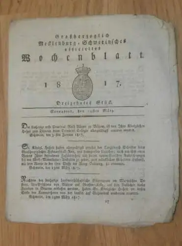 Mecklenburg - Schwerin 29.03.1817 , Criminal Rath zu Bützow , von Bülow auf Groß Kelle , Schweriner See , Bienen-Stöcke