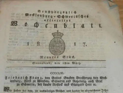 Mecklenburg - Schwerin 1.03.1817 , Getreide-Mangel , Umgang mit Bettlern und Vagabonden , Husaren-Corps !!!