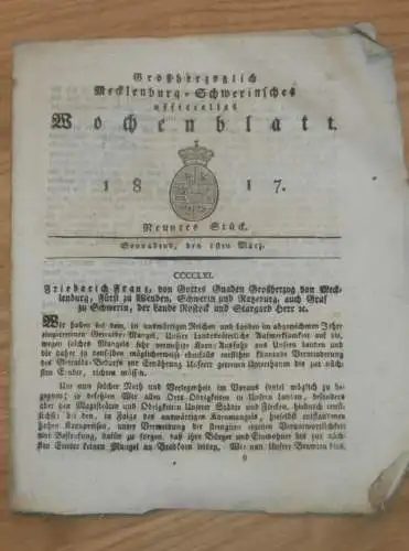 Mecklenburg - Schwerin 1.03.1817 , Getreide-Mangel , Umgang mit Bettlern und Vagabonden , Husaren-Corps !!!