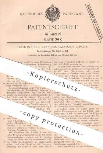 original Patent - Caston Henri Francois Vavasseur , Paris , Frankreich , 1902 , Besteckzange für Salat | Salatbesteck