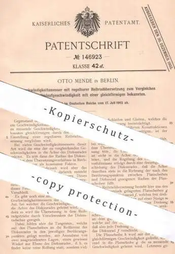 original Patent - Otto Mende , Berlin , 1902 , Geschwindigkeitsmesser | Geschwindigkeit messen | Tachometer , Reibrad