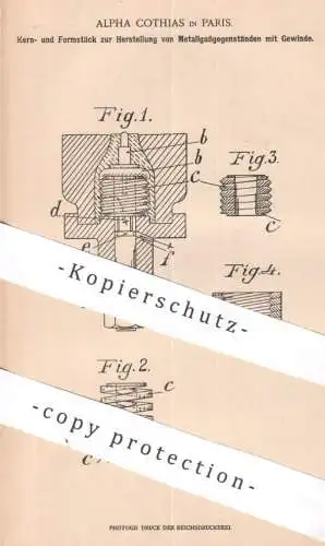 original Patent - Alpha Cothias , Paris Frankreich , 1902 , Formstück zur Herst. von Metallguss | Gusseisen Guss Metall