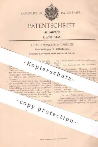 original Patent - Arthur Winkler , Dresden 1902 , Verschlussklappe für Kohlekasten | Kohlen , Ofen , Ofentür , Ofenbauer