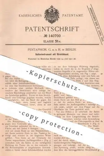 original Patent - Pentaphon GmbH Berlin | 1902 | Saiteninstrument mit Streichband | Musikinstrument , Musik , Harfe !!