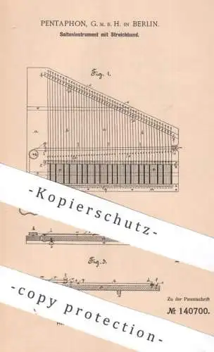 original Patent - Pentaphon GmbH Berlin | 1902 | Saiteninstrument mit Streichband | Musikinstrument , Musik , Harfe !!