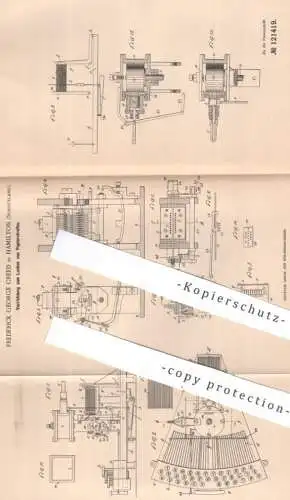 original Patent - Frederick George Creed , Hamilton , Schottland | 1899 | Lochen von Papierstreifen | Telegraphie