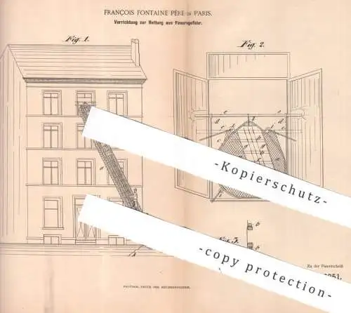 original Patent - Francois Fontaine Père , Paris Frankreich | 1894 | Rettung aus Feuersgefahr | Hängematte , Leiter