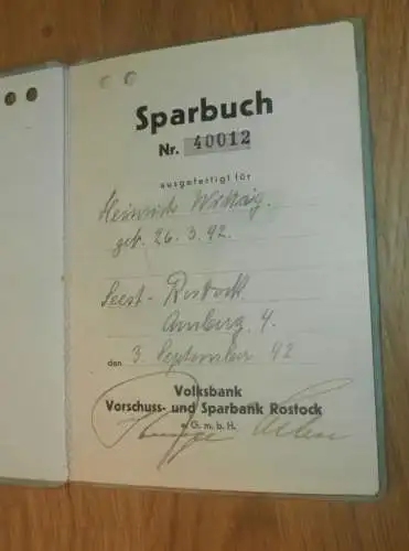 altes Sparbuch Rostock , 1942 - 1945 , Heinrich Wittig in Rostock i. Mecklenburg , Sparkasse , Bank