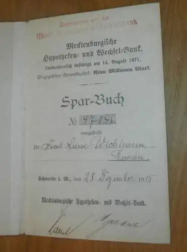 altes Sparbuch Schwerin , 1915 - 1922 , Luise Wichmann in Gnoien i. Mecklenburg , Sparkasse , Bank