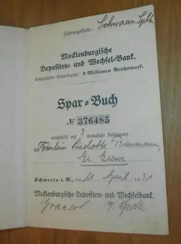 altes Sparbuch Schwerin , 1931 , Liselotte Baumann in Groß Grenz b. Bröbberow i. Mecklenburg , Sparkasse , Bank
