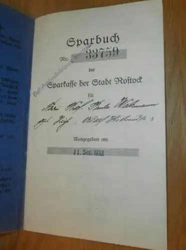 altes Sparbuch Rostock , 1933 - 1946 , Prof. Paula Walsmann in Rostock i. Mecklenburg , Sparkasse , Bank !!