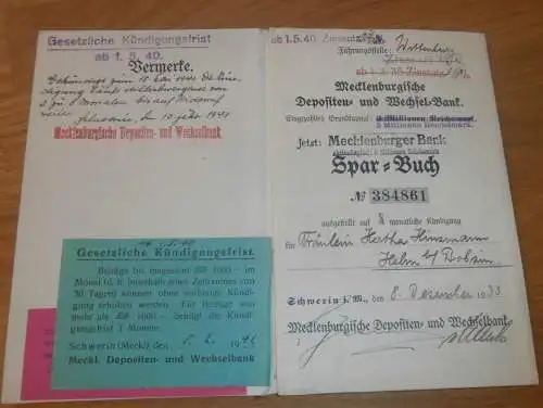 altes Sparbuch Wittenburg , 1933 - 1943 , Hertha Hinzmann in Helm b. Bobzin , Mecklenburg , Sparkasse , Bank