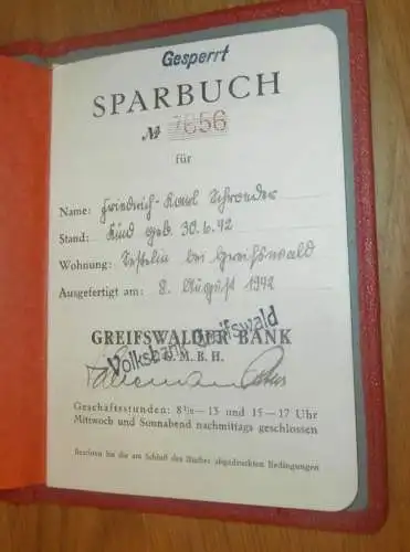altes Sparbuch Greifswald , 1942 - April 1945 , Friedrich Karl Schroeder in Greifswald , Mecklenburg , Sparkasse , Bank