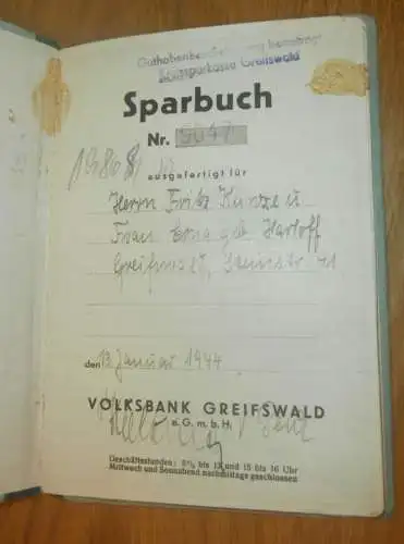 altes Sparbuch Greifswald , 1944 - 1945 , Erna Kunze geb. Harloff in Greifswald , Mecklenburg , Sparkasse , Bank !!!