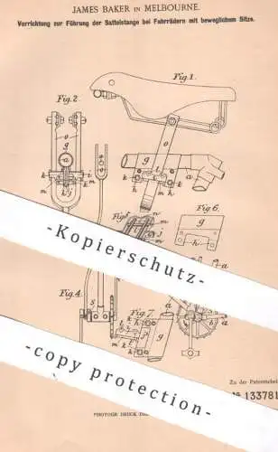 original Patent - James Baker , Melbourne , Australien | 1901 | Sattelstange bei Fahrrädern | Fahrrad Sattel | bicycle