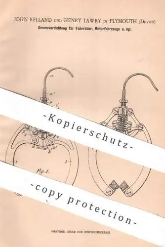 original Patent - John Kelland , Henry Lawry , Plymouth , Devon | Bremse f. Fahrräder & Motorfahrzeuge | Fahrrad Bremsen