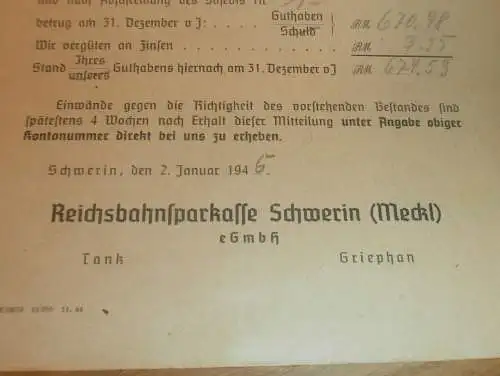 Reichsbahn Sparkasse , 1945 , Weichenwärter Hans Goers Neustadt i. Holstein , altes Dokument , Sparkasse !!!