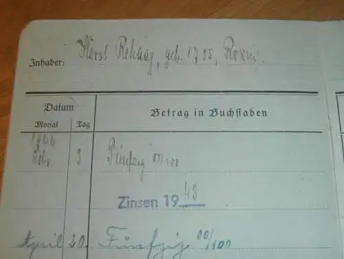 altes Sparbuch Schönberg , 1944 - 1945 , Horst Rehaag in Schönberg i. Mecklenburg , Sparkasse , Bank
