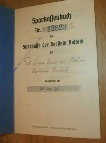 altes Sparbuch Rostock , 1943 - 1946 , Marie Luise von Mertens in Rostock i. Mecklenburg , Elmenhorst  Sparkasse , Bank