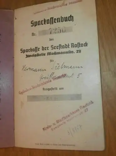 altes Sparbuch Rostock , 1941 - 1944 , Hermann Sielmann in Rostock i. Mecklenburg , Elmenhorst  Sparkasse , Bank !
