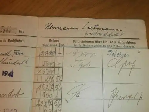 altes Sparbuch Rostock , 1941 - 1944 , Hermann Sielmann in Rostock i. Mecklenburg , Elmenhorst  Sparkasse , Bank !