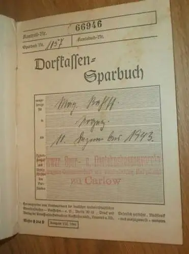 altes Sparbuch Carlow b. Rehna , 1943 - 1945 , Carlow b. Rehna i. Mecklenburg, Sparkasse , Bank !!