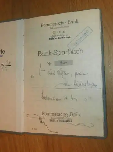 altes Sparbuch Pommersche Bank Stettin , 1938 - 1945, Karl Rösler in Neu Lüdershagen i. Mecklenburg, Sparkasse , Bank !!