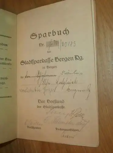 altes Sparbuch Bergen a. Rügen , 1928 - Mai 1945, Ilse Goelglück in Bergen a. Rügen i. Mecklenburg, Sparkasse , Bank !!
