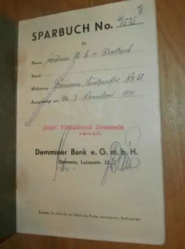 altes Sparbuch Demmin , 1938 - 1945 , Demmin i. Mecklenburg , Sparkasse , Bank !!
