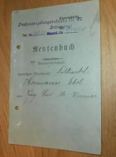 Feldwebel Hermann Ebel , Jäger Bataillon 14 in Wismar i. Mecklenburg , Schleswig , Stammkarte , Rentenbuch, Ausweis 1921