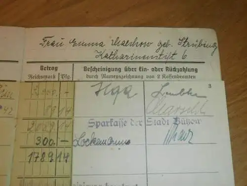 altes Sparbuch Rostock , 1941 - 1946 , Emma Malchow geb. Strübing in Rostock i. Mecklenburg , Sparkasse !!