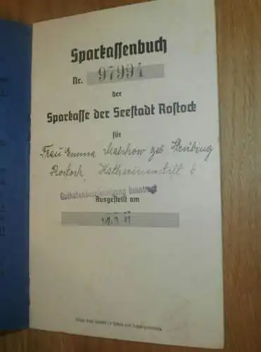 altes Sparbuch Rostock , 1941 - 1946 , Emma Malchow geb. Strübing in Rostock i. Mecklenburg , Sparkasse !!