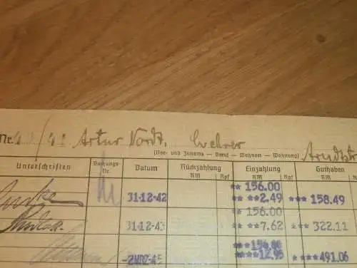 altes Sparbuch Greifswald , 1942 - 1945 , Lehrer Artur Nordt in Greifswald i. Mecklenburg , Sparkasse , Bank !!